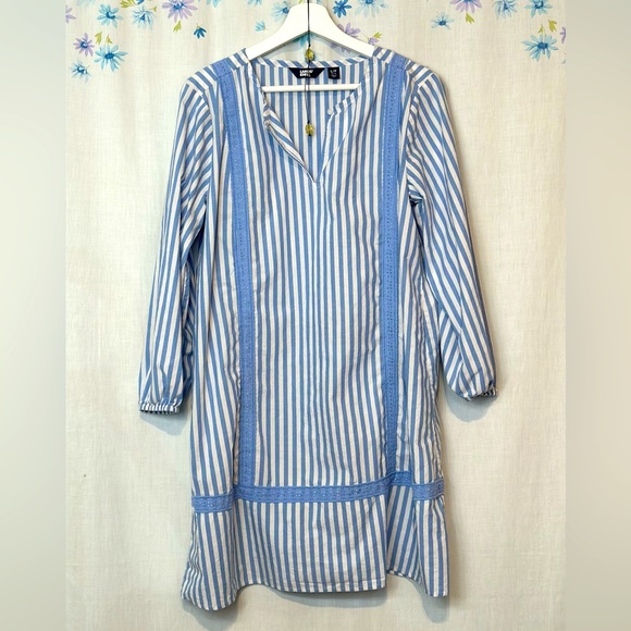 Lands End - Cotton Poplin Split-Neck Dress Sz LP - Chicory Blue Stripe - Picture 1 of 15